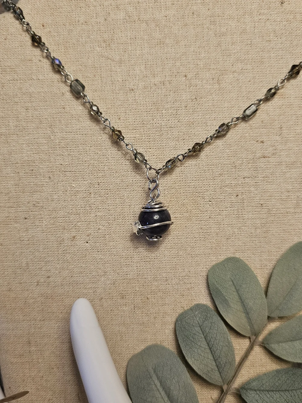 Silver Black Obsidian  Bead Pendant Necklace - Handmade